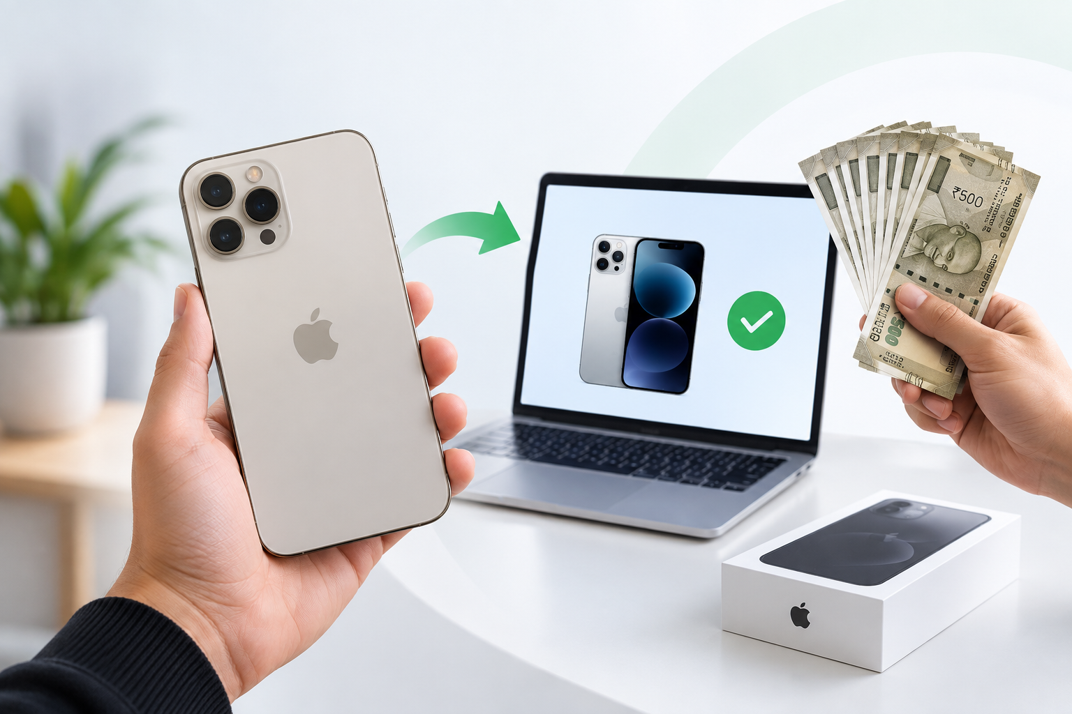 A person holding an iPhone next to a laptop showing the device approved, with cash in hand ready for payment